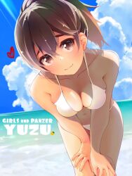 Rule 34 | 1girl, alternate costume, arms under breasts, artist request, beach, bikini, blue sky, blush, breasts, breasts squeezed together, brown eyes, brown hair, character name, day, girls und panzer, hands on own knees, heart, high ponytail, koyama yuzu, large breasts, looking at viewer, navel, official alternate costume, ponytail, shiny skin, simple background, sky, smile, solo, sunlight, swimsuit, water, white bikini, wide hips