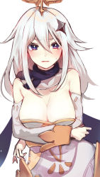 Rule 34 | 1girl, aged up, alternate breast size, arms under breasts, bare shoulders, blush, breasts, cleavage, cowboy shot, detached collar, detached sleeves, dress, genshin impact, grey dress, hair between eyes, highres, large breasts, long hair, long sleeves, looking at viewer, paimon (genshin impact), parted lips, purple eyes, sidelocks, silver hair, simple background, solo, strapless, strapless dress, tears, tomozero, v-shaped eyebrows, white background
