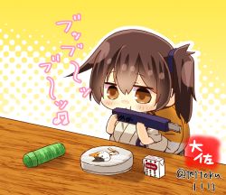 Rule 34 | 1girl, artist name, bad id, bad twitter id, box, brown eyes, brown hair, cat, chibi, commentary request, instrument, japanese clothes, kaga (kancolle), kantai collection, long hair, music, playing instrument, polka dot, polka dot background, side ponytail, solo, table, taisa (kari), tasuki, tube, twitter username, upper body, yellow background