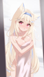Rule 34 | 1girl, animal ear fluff, animal ears, bandaid, bandaid hair ornament, blonde hair, blue hair, blush, breast hold, breasts, commentary, covering privates, dog ears, dog girl, dog tail, extra ears, fuwawa abyssgard, hair between eyes, hair ornament, hairclip, highres, hololive, hololive english, kawaiipony2, large breasts, long hair, looking at viewer, multicolored hair, naked towel, nude cover, red eyes, solo, standing, tail, towel, very long hair, virtual youtuber