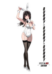 Rule 34 | 1girl, animal ears, arm up, armpits, bare shoulders, black thighhighs, blush, bow, bowtie, breasts, brown hair, card, chigusa minori, commentary request, fake animal ears, floating hair, full body, garter straps, high heels, holding, holding card, large breasts, leotard, long hair, looking at viewer, nail polish, official art, original, pink eyes, pink nails, playboy bunny, rabbit ears, second-party source, simple background, solo, standing, strapless, strapless leotard, thighhighs, tongue, tongue out, white background, white bow, white bowtie, white footwear, white leotard, white wrist cuffs, wrist cuffs