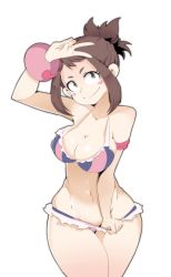 Rule 34 | 1girl, absurdres, alternate hairstyle, armband, bikini, bikini pull, blush stickers, boku no hero academia, breasts, brown eyes, brown hair, clothes pull, head tilt, highres, hot vr, looking at viewer, medium breasts, navel, pulling own clothes, simple background, smile, solo, swimsuit, thigh gap, thighs, uraraka ochako, v, white background