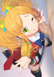 Rule 34 | 10s, 1boy, 1girl, ;d, aikatsu!, aikatsu! (series), aikatsu stars!, bandai namco, black thighhighs, blonde hair, blush, boots, braid, censored, commentary request, double v, epaulettes, from above, green eyes, hair bobbles, hair ornament, handjob, hetero, highres, kneeling, long hair, looking at viewer, looking up, mosaic censoring, nikaido yuzu, one eye closed, open mouth, penis, penis on face, side braid, single braid, skirt, smile, solo focus, suzume inui, thighhighs, tongue, tongue out, twintails, uniform, v