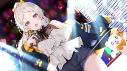 Rule 34 | 1girl, black shirt, blue jacket, blue shorts, blush, camisole, cleavage, dutch angle, fangs, frilled camisole, frills, grey hair, hanataba yuiha, highres, holding, holding microphone, indie virtual youtuber, izumi kei, jacket, lace shirt, long hair, long sleeves, looking at viewer, microphone, music, open mouth, orange jacket, parted bangs, ponytail, red eyes, see-through, see-through cleavage, shirt, shorts, singing, single bare shoulder, solo, stage, stuffed animal, stuffed toy, teddy bear, undershirt, virtual youtuber