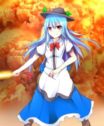 Rule 34 | &gt;:), 1girl, blue eyes, blue hair, blush, boots, cloud, dress, explosion, flat chest, food, food on head, fruit, fruit on head, hat, hinanawi tenshi, long hair, looking at viewer, matching hair/eyes, merxkialis, object on head, peach, red eyes, smile, solo, sword, sword of hisou, touhou, v-shaped eyebrows, weapon