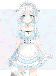 Rule 34 | 1girl, animal ears, apron, blue dress, blue eyes, blue hair, blue ribbon, blush, closed mouth, commentary request, copyright request, dog ears, dog girl, dog tail, dress, frilled apron, frills, gloves, hair intakes, hair ribbon, heart o-ring, highres, looking at viewer, multicolored hair, puffy short sleeves, puffy sleeves, ribbon, saeki sora, short sleeves, solo, standing, tail, two-tone hair, virtual youtuber, white apron, white gloves, white hair