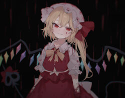 Rule 34 | 1girl, black background, blonde hair, blood, blood on clothes, blood on face, blood on hands, closed mouth, collared shirt, commentary request, cowboy shot, crystal, flandre scarlet, frilled sleeves, frills, hat, hat ribbon, highres, kani nyan, laevatein (touhou), long hair, looking at viewer, mob cap, raining blood, red eyes, red ribbon, red skirt, red vest, ribbon, shirt, short sleeves, simple background, skirt, smile, solo, touhou, vest, white hat, white shirt, wings, yellow ribbon