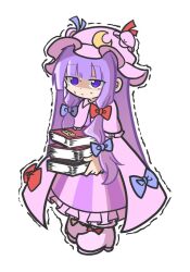 Rule 34 | :|, blue bow, blue bowtie, blunt bangs, book, bow, bowtie, bun cover, closed mouth, crescent, crescent hat ornament, double bun, dress, footwear bow, frilled dress, frills, full body, hair bow, hair bun, hat, hat ornament, hat ribbon, holding, holding book, long hair, mob cap, motion lines, patchouli knowledge, purple dress, purple eyes, purple hair, purple hat, red bow, red bowtie, ribbon, robe, shaded face, shinmon akika, shoes, sidelocks, simple background, standing, straight hair, striped clothes, striped dress, sweatdrop, touhou, trembling, vertical-striped clothes, vertical-striped dress, very long hair, white background, white footwear