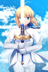 Rule 34 | &gt;:), 1girl, ahoge, alternate costume, artoria pendragon (all), artoria pendragon (fate), blonde hair, blue bow, blue sky, blurry, blurry background, bow, closed mouth, cloud, commentary, cowboy shot, day, depth of field, excalibur (fate/stay night), fate/stay night, fate (series), gloves, glowing, glowing sword, glowing weapon, gogatsu fukuin, green eyes, hair bow, highres, holding, holding sword, holding weapon, jacket, long sleeves, looking at viewer, outdoors, pants, saber (fate), shirt, short hair, sidelocks, sky, smile, solo, sword, two-handed, v-shaped eyebrows, weapon, white gloves, white jacket, white pants, white shirt