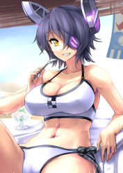 Rule 34 | 10s, 1girl, bikini, blue eyes, breasts, checkered necktie, cleavage, collarbone, ebizome, eyepatch, female focus, gradient background, headgear, kantai collection, large breasts, looking at viewer, navel, necktie, purple hair, short hair, sitting, sketch, smile, solo, spoon, sweat, swimsuit, tenryuu (kancolle), white bikini, yellow eyes