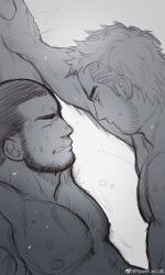 Rule 34 | 2boys, absurdres, arm up, bara, beard, beard stubble, clenched teeth, closed eyes, couple, facial hair, from side, full beard, greyscale, hand on another&#039;s arm, highres, kabedon, looking at another, male focus, mature male, monochrome, multiple boys, muscular, muscular male, nipples, nude, original, out-of-frame censoring, powerlesssong, profile, sparse chest hair, stubble, teeth, thick eyebrows, upper body, wet, yaoi