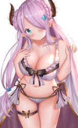 Rule 34 | 1girl, ame sagari, bare shoulders, bikini, blue eyes, blush, braid, breasts, cleavage, collarbone, commentary request, draph, granblue fantasy, hair ornament, hair over one eye, highres, horns, large breasts, light purple hair, long hair, looking at viewer, low tied hair, narmaya (granblue fantasy), narmaya (summer) (granblue fantasy), navel, pointy ears, purple hair, simple background, smile, solo, swimsuit, very long hair, white background, white bikini