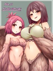 Rule 34 | 2girls, bare shoulders, bird legs, blush, breasts, brown eyes, brown feathers, brown hair, brown wings, cleavage, commentary request, feathered wings, feathers, green background, harpy, highres, large breasts, long hair, looking at viewer, medium breasts, medium hair, midriff, mon-musu quest!, monster girl, multiple girls, navel, open mouth, pii (mon-musu quest!), pina (mon-musu quest!), pink feathers, raichi (ddq0246), red eyes, siblings, sisters, winged arms, wings