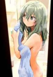 Rule 34 | + -, 1girl, absurdres, bathroom, blurry, blurry foreground, blush, closed mouth, commentary request, depth of field, drying, drying hair, eyebrows hidden by hair, green eyes, green hair, hair between eyes, heterochromia, highres, holding, holding towel, huge filesize, indoors, kamatama, kuso zako choroin nishiga hachi, long hair, looking away, mirror, nude, saiba mirai, solo, standing, steam, towel, wet, wet hair, yellow eyes