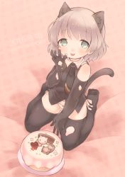 Rule 34 | 10s, 1girl, 2015, animal ears, aqua eyes, black gloves, black thighhighs, blush, bow, bow panties, cake, cat ears, cat tail, dated, elbow gloves, food, gloves, grey hair, happy birthday, highres, looking at viewer, navel, necktie, okayu (headless), panties, sanya v. litvyak, seiza, short hair, sitting, smile, solo, strike witches, tail, thighhighs, tongue, tongue out, underwear, white panties, world witches series, zettai ryouiki