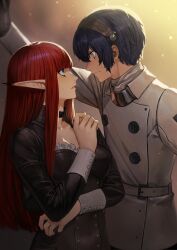 1boy 1girl absurdres against_wall black_bustier black_choker blue_eyes blue_hair bustier choker closed_mouth coat collared_coat commentary_request dark_blue_hair face-to-face frilled_bustier from_side hand_on_wall highres hime_cut hulkenberg_(metaphor:_refantazio) kabedon long_hair long_pointy_ears looking_at_another metal_hairband metaphor:_refantazio parted_lips peperon_(peperou) pointy_ears protagonist_(metaphor:_refantazio) red_hair short_hair sidelocks sweatdrop white_coat