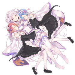 Rule 34 | 10s, 3girls, black footwear, blue hair, blush, braid, breasts, brown eyes, cleavage, closed mouth, detached sleeves, dress, emilia (re:zero), closed eyes, frilled sleeves, frills, full body, highres, hiyo kiki, light purple hair, long hair, long sleeves, lying, maid, maid headdress, mary janes, medium breasts, multiple girls, no shoes, on back, on side, outstretched arms, pantyhose, parted lips, pink hair, ram (re:zero), re:zero kara hajimeru isekai seikatsu, rem (re:zero), shoes, short hair, siblings, simple background, sisters, sleeves past wrists, smile, spread arms, thighhighs, twins, very long hair, white background, white legwear, wide sleeves