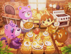 Rule 34 | 1boy, 3girls, :3, :d, ^ ^, animal crossing, bag, bear girl, bench, blue dress, blush, blush stickers, bone print, brick oven, brick wall, brown eyes, brown hair, cake, cat girl, cherry, claudia (animal crossing), clay (animal crossing), closed eyes, closed mouth, collared shirt, commentary request, cookie, cooking pot, counter, crumbs, cup, cupcake, drawer, dress, eyelashes, felicity (animal crossing), firewood, floral print, food, fork, frilled dress, frills, fruit, furry, furry female, furry male, gem, hamster boy, hand up, holding, holding cup, holding fork, holding tray, indoors, kitchen, knife, ladle, leaf, long sleeves, megan (animal crossing), multiple girls, nintendo, on bench, open mouth, oven, pie, pinafore dress, pineapple print, pitcher (container), placemat, plaid, plaid dress, plant, plate, print dress, print sleeves, purple dress, purple gemstone, rolling pin, see-through, see-through sleeves, shirt, short hair, short sleeves, sitting, sleeveless, sleeveless dress, smile, spatula, standing, steam, stone floor, storage pot, stove, suyu38, t-shirt, table, tea, teacup, teapot, thumbprint cookie, tiger girl, tray, utensil rack, white shirt, wooden table, yellow dress, yellow shirt