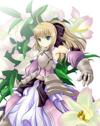 Rule 34 | 00s, 1girl, armor, armored dress, artoria pendragon (fate), bad id, bad pixiv id, blonde hair, capcom, dress, fate/stay night, fate/unlimited codes, fate (series), flower, gauntlets, green eyes, ponytail, saber (fate), saber lily, solo, takanasi123