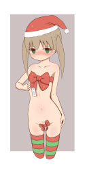 Rule 34 | 00s, 1girl, artist request, blonde hair, blush, breasts, christmas, colorized, cowfeegt (artist), english text, female focus, green eyes, hat, highres, looking at viewer, maka albarn, midriff, navel, ribbon, santa hat, small breasts, smile, solo, soul eater, text focus, thighhighs, twintails