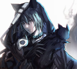 Rule 34 | 1boy, animal ears, arknights, black cat, black gloves, blue hair, cat, cat ears, choker, gloves, grey eyes, hair between eyes, hands up, highres, holding, holding mask, hood, looking at viewer, male focus, mask, nga (ray ray), parted lips, phantom (arknights), upper body, white background