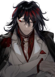 Rule 34 | 1boy, black hair, commentary request, formal, highres, jacket, jewelry, long hair, looking at viewer, male focus, multicolored hair, necklace, nijisanji, nijisanji en, open clothes, open shirt, pectoral cleavage, pectorals, red hair, red shirt, shirt, simple background, suit, virtual youtuber, vox akuma, vox akuma (1st costume), white background, white suit, yatomomin, yellow eyes
