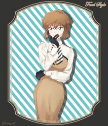 Rule 34 | 1girl, absurdres, alternate costume, astrayin, black gloves, brown background, brown dress, brown hair, dress, feet out of frame, gloves, green background, green eyes, hand up, highres, long sleeves, meitantei conan, miyano shiho, neckerchief, shirt, short hair, sideways glance, solo, striped, striped background, striped neckerchief, white background, white shirt