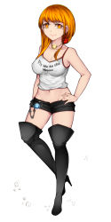 Rule 34 | 1girl, alternate costume, aoshima, bare arms, bare shoulders, black footwear, black shorts, blonde hair, boots, breasts, cleavage, clothes writing, collarbone, commentary request, covered erect nipples, earrings, earth (ornament), full body, groin, hand on own hip, hecatia lapislazuli, hecatia lapislazuli (moon), high heel boots, high heels, highres, jewelry, looking at viewer, medium breasts, midriff, moon (ornament), navel, necklace, no bra, no headwear, open fly, short shorts, shorts, simple background, smile, solo, spaghetti strap, standing, tank top, thigh boots, thighhighs, thighs, touhou, white background, yellow eyes