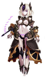 Rule 34 | 1girl, android, arm cannon, armor, automaton (monster girl encyclopedia), blonde hair, body writing, breasts, bullet, full body, gears, gun, highres, horns, joints, kenkou cross, looking at viewer, medium breasts, monster girl, monster girl encyclopedia, monster girl encyclopedia ii, navel, no feet, official art, pubic tattoo, purple eyes, robot, robot ears, robot girl, robot joints, short hair, simple background, solo, standing, steampunk, tattoo, weapon, white background, white hair, wrist gun