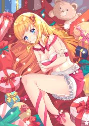 Rule 34 | 1girl, bare shoulders, barefoot, blonde hair, blue eyes, box, breasts, christmas, cleavage, collarbone, crossed arms, fingernails, floral bow, fujishiro kokoa, fur trim, gift, gift box, highres, large breasts, long hair, looking at viewer, lying, nail polish, navel, on side, original, red nails, red ribbon, red shirt, red skirt, ribbon, shirt, sidelocks, skirt, sleeveless, smile, solo, star (symbol), strapless, stuffed animal, stuffed toy, teddy bear, thighs