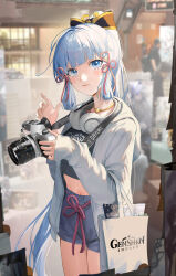 Rule 34 | 1girl, absurdres, alternate costume, artist name, ayaka (genshin impact), black jacket, blue eyes, blue hair, blue shorts, blunt bangs, blunt tresses, blurry, blush, camera, closed mouth, commentary, copyright name, cowboy shot, cropped shirt, depth of field, genshin impact, hair ornament, hands up, highres, holding, holding camera, hood, hooded jacket, jacket, jewelry, light blue hair, long hair, long sleeves, looking at viewer, necklace, open clothes, open jacket, photo background, ponytail, sa&#039;yuki, shorts, sleeves past wrists, solo, standing, tassel, tassel hair ornament, very long hair, white bag, white jacket