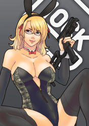 Rule 34 | 1girl, alva, animal ears, bare shoulders, black eyes, black thighhighs, blonde hair, bow, bowtie, breasts, cleavage, detached sleeves, earrings, fake animal ears, female focus, glasses, glock, gun, hair bow, handgun, highres, holding, jewelry, large breasts, leotard, licking lips, lipstick, makeup, nail polish, original, pink nails, pistol, playboy bunny, rabbit ears, short hair, solo, thighhighs, tongue, tongue out, unzipped, weapon, wrist cuffs