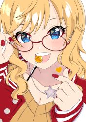 Rule 34 | 1girl, alternate costume, blonde hair, blue eyes, blush, breasts, candy, cleavage, collarbone, commentary request, food, fuu wizghoul, glasses, heart, heart in eye, highres, idolmaster, idolmaster cinderella girls, in mouth, jacket, lollipop, long hair, looking at viewer, nail polish, ohtsuki yui, open mouth, red jacket, red nails, smile, solo, sweater, symbol in eye