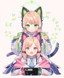 Rule 34 | &gt;:(, 2girls, animal ear headphones, animal ears, blonde hair, blue archive, blue necktie, blush, bow, cat ear headphones, cat tail, commentary, fake animal ears, green eyes, green skirt, hair bow, halo, headphones, highres, jacket, looking up, lying, mechanical tail, midori (blue archive), momoi (blue archive), multiple girls, necktie, nehan (gedatsu nehan), nintendo switch, off shoulder, on person, on stomach, open mouth, parted lips, pink bow, pink eyes, shirt, siblings, sisters, skirt, tail, v-shaped eyebrows, white jacket, white shirt