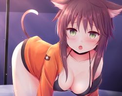 1girl :o all_fours animal_ear_fluff animal_ears bare_shoulders bikini black_bikini blush breasts brown_hair cat_ears cat_girl cat_tail cleavage collarbone commentary_request fang green_eyes hair_between_eyes halterneck highres jacket long_hair looking_at_viewer medium_breasts mole mole_under_eye natsu_(927013) o-ring o-ring_bikini o-ring_top off_shoulder open_clothes open_jacket open_mouth orange_jacket original sidelocks solo swimsuit tail tail_raised