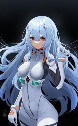 Rule 34 | 1girl, absurdres, alternate hair length, alternate hairstyle, arm at side, ayanami rei, bad id, bad pixiv id, black background, blue hair, bodysuit, breasts, closed mouth, cowboy shot, expressionless, gloves, hair between eyes, hair ornament, hand in own hair, hand up, highres, huge filesize, long hair, looking at viewer, medium breasts, nebu (pixiv22443854), neon genesis evangelion, plugsuit, red hair, simple background, solo, thigh gap, very long hair, white bodysuit, white gloves