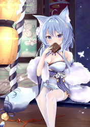 Rule 34 | 1girl, absurdres, ahoge, animal ears, aqua hair, arino ayarei, asashio (azur lane), asashio (snow-dusted lynx tips) (azur lane), azur lane, bare shoulders, bell, breasts, bug, butterfly, cat ears, chocolate, cleavage, commentary request, covered mouth, detached collar, eating, fur scarf, grey eyes, hair ornament, highres, insect, japanese clothes, kimono, lampion, large breasts, long hair, looking at viewer, obi, off shoulder, official alternate costume, petals, sash, short kimono, sidelocks, sitting, solo, thighhighs, white thighhighs, wide sleeves, wooden floor, zettai ryouiki