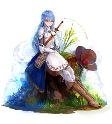 Rule 34 | 1girl, absurdres, alternate costume, armor, belt, blue hair, boots, breastplate, chainmail, flower, food, fruit, gauntlets, gorget, grass, hat, unworn hat, unworn headwear, highres, hinanawi tenshi, knee boots, knee pads, knight, leaf, long hair, looking to the side, peach, red eyes, scabbard, sheath, sheathed, shoulder armor, sitting, smile, solo, pauldrons, sword, touhou, tree stump, vambraces, very long hair, weapon, white background, yuren