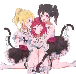 Rule 34 | &gt;:d, 299 (horisso), 3girls, :d, animal print, ayase eli, between legs, bibi (love live!), black hair, blonde hair, blue eyes, blush, boots, bow, cat tail, elbow gloves, fingerless gloves, frilled gloves, frills, girl sandwich, gloves, jewelry, kneeling, knees together feet apart, leopard print, love live!, love live! school idol project, multiple girls, necklace, nishikino maki, one eye closed, open mouth, petticoat, purple eyes, red eyes, red hair, sandwiched, sash, short sleeves, simple background, sitting, skirt, sleeveless, smile, strapless, tail, tail between legs, tail bow, tail ornament, twintails, v-shaped eyebrows, white background, yazawa nico