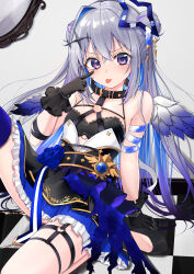 Rule 34 | 1girl, akanbe, amane kanata, amane kanata (another world), angel wings, black gloves, blue hair, checkered floor, collar, colored inner hair, commentary request, double bun, eyelid pull, gloves, grey hair, hair between eyes, hair bun, highres, hololive, motoraku, multicolored hair, purple eyes, sitting, skirt, solo, strapless, thigh strap, tongue, tongue out, tube top, virtual youtuber, wings