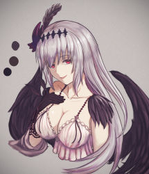 Rule 34 | 1girl, bare shoulders, breasts, cleavage, commentary request, dark jeanne, feathers, flower, gloves, granblue fantasy, grey hair, hair ornament, jeanne d&#039;arc (granblue fantasy), large breasts, long hair, looking at viewer, moppo, open mouth, red eyes, smile, solo, wings