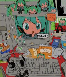 Rule 34 | 1girl, bag of chips, blue eyes, blue hair, cable, character doll, collared shirt, commentary, computer, computer tower, crt, cup, disc, disposable cup, english text, grey shirt, hatsune miku, headphones, headset, highres, indoors, computer keyboard, kousou (vanilla rkgk), long hair, looking at viewer, computer mouse, note, notebook, open mouth, pen, power strip, shirt, sleeveless, sleeveless shirt, smile, solo, speech bubble, sticker, table, twintails, vocaloid