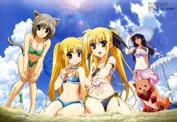 Rule 34 | 4girls, :d, absurdres, alicia testarossa, animal ears, arf, bandeau, barefoot, beach, bikini, blonde hair, blue eyes, blush, breasts, brown hair, cat ears, cat tail, cleavage, crab, day, duplicate, fate testarossa, feet, hair ribbon, hands on own knees, hashimoto takayoshi, hat, highres, leaning forward, rynith, long hair, lyrical nanoha, mahou shoujo lyrical nanoha, mahou shoujo lyrical nanoha a&#039;s, mahou shoujo lyrical nanoha the movie 2nd a&#039;s, medium breasts, multiple girls, navel, official art, open mouth, presea testarossa, purple eyes, purple hair, red eyes, ribbon, sarong, short hair, shovel, siblings, side-tie bikini bottom, sisters, small breasts, smile, swimsuit, tail, trowel, twintails, umbrella, very long hair, wolf, worktool