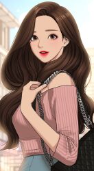 Rule 34 | 1girl, bag, blue skirt, blush, brown eyes, brown hair, hand up, highres, lim jugyeong, long hair, looking at viewer, official art, open mouth, pink shirt, shirt, skirt, sky, smile, solo, true beauty, very long hair
