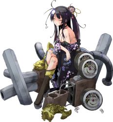 Rule 34 | 1girl, bare shoulders, black hair, boots, breasts, broken, broken weapon, cannon, closed eyes, full body, hair bun, hair ornament, japanese clothes, kimono, large breasts, long hair, nijou (oshiro project), official art, oshiro project:re, oshiro project:re, platform boots, platform footwear, ponytail, shachihoko, side ponytail, single hair bun, sitting, solo, sw, transparent background, weapon
