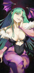 1girl absurdres animal_print bat_print breasts clothing_cutout commentary_request covered_navel demon_girl demon_wings fang ghdwid green_eyes green_hair head_tilt head_wings heart_cutout highleg highleg_leotard highres leotard long_hair looking_at_viewer morrigan_aensland pantyhose print_pantyhose purple_pantyhose skin_tight solo darkstalkers wings