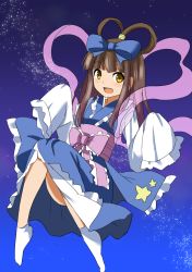 Rule 34 | 1girl, alternate hairstyle, bow, brown hair, cosplay, dress, hair bow, hair rings, long hair, night, open mouth, orihime (cosplay), orihime (tanabata), ribbon, shawl, shimouki izui, smile, solo, star (sky), star sapphire, touhou