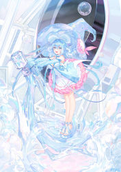 Rule 34 | 1girl, :d, artist name, atdan, bare legs, bare shoulders, blue footwear, blue hat, blue ribbon, blush, breasts, cleavage, detached sleeves, dress, fang, frilled dress, frills, full body, hair between eyes, haiyi, hat, high heels, highres, leaning forward, long sleeves, looking at viewer, machinery, maid headdress, medium breasts, medium hair, open mouth, outstretched arms, revision, ribbon, sleeves past wrists, smile, soap bubbles, solo, standing, vocaloid, water, white dress, witch hat