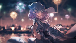 Rule 34 | 1girl, aerial fireworks, backlighting, bad id, bad pixiv id, blurry, congming lan, depth of field, fireworks, frills, from behind, hand up, happy new year, hat, highres, holding, japanese clothes, kimono, light, long sleeves, mob cap, new year, night, obi, outdoors, pink hair, saigyouji yuyuko, sash, see-through, short hair, solo, sparkler, touhou, triangular headpiece, upper body, veil, wallpaper, water, wide sleeves