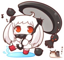 Rule 34 | 10s, 1girl, :d, = =, abyssal ship, boots, chibi, commentary request, covered mouth, dress, holding, horns, i-class destroyer, kantai collection, kuchiku i-kyuu, long hair, looking at viewer, mittens, musical note, mutsu (kancolle), mutsu (kantai collection), mutsu (snail), northern ocean princess, open mouth, orange eyes, quaver, red footwear, rubber boots, ruton-niki, simple background, smile, teruterubouzu, translation request, umbrella, white background, white dress, white hair